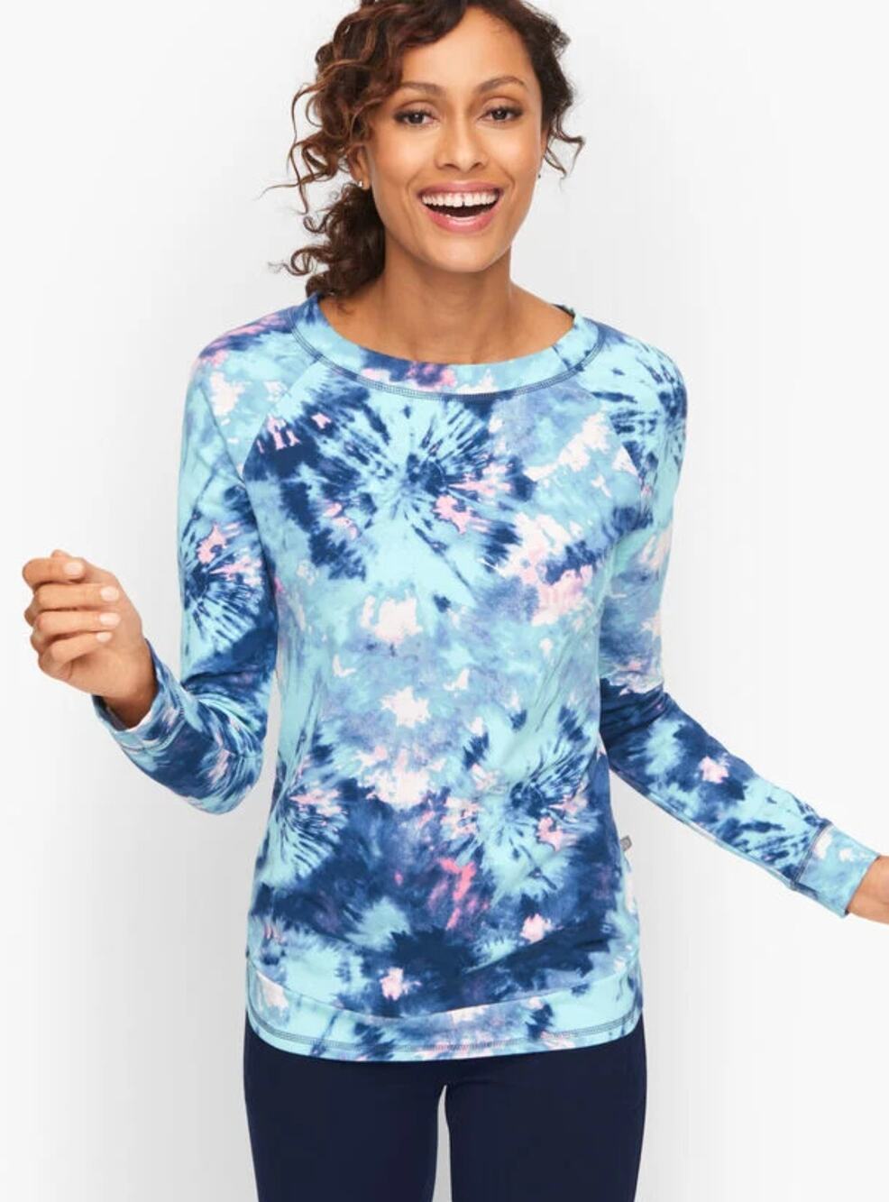 Talbots Womens L Petite Blue Tie Dye High Low Wrap Hem Pullover Top Shirt